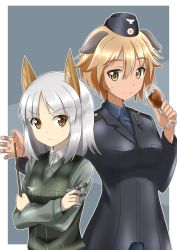 Rule 34 | 10s, 2girls, alcohol, animal ears, annoyed, black legwear, brave witches, brown eyes, commentary, cup, dog ears, drinking glass, edytha rossmann, finger on trigger, fox ears, grey background, gun, handgun, hat, height difference, holding, holding cup, holding drinking glass, holding gun, holding weapon, liberator, light brown hair, lipstick, makeup, military, military uniform, multiple girls, pantyhose, pistol, pointer, red liquid (artist), short hair, silver hair, smile, strike witches, sweatdrop, uniform, waltrud krupinski, weapon, wine, wine glass, world witches series, yellow eyes