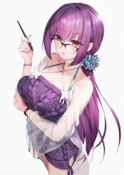 Rule 34 | 1girl, bracelet, breasts, commentary request, dress, fate/grand order, fate (series), glasses, hair ornament, hair scrunchie, hane yuki, highres, holding, holding pen, jewelry, large breasts, long hair, looking at viewer, low ponytail, nail polish, pen, purple hair, purple nails, red eyes, scathach (fate), scathach skadi (fate), scathach skadi (swimsuit ruler) (fate), scathach skadi (swimsuit ruler) (second ascension) (fate), scrunchie, see-through, solo, sweater, sweater dress, watch