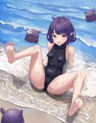 Rule 34 | 1girl, absurdres, alternate costume, armpit crease, barefoot, beach, black one-piece swimsuit, blue eyes, breasts, cameltoe, cleft of venus, collarbone, commentary, covered navel, extra ears, feet, full body, highres, hololive, hololive english, impossible clothes, knees up, lakusoul, leaning back, legs, medium breasts, medium hair, mole, mole on thigh, mole under eye, ninomae ina&#039;nis, on ground, one-piece swimsuit, outdoors, pointy ears, purple hair, sitting, soles, solo, splashing, spread legs, swimsuit, takodachi (ninomae ina&#039;nis), teeth, toenails, toes, virtual youtuber, water