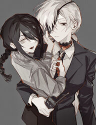 Rule 34 | 2girls, arm around waist, black eyes, black hair, black necktie, braid, chainsaw man, expressionless, formal, frilled eyepatch, grey background, grey shirt, hair between eyes, hair over one eye, half-closed eyes, hand on another&#039;s cheek, hand on another&#039;s face, highres, holding, holding leash, holding radio, leash, leather collar, long hair, looking at viewer, low ponytail, multiple girls, nayuta (chainsaw man), necktie, open mouth, quanxi (chainsaw man), ringed eyes, sank, shirt, suit, twitter username, upper body, very long hair, white hair, white shirt, yellow eyes, yuri