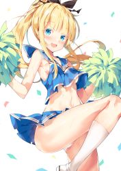 Rule 34 | 1girl, :d, alternate costume, armpits, ass, bare arms, bare shoulders, blonde hair, blue eyes, blue sailor collar, blue shirt, blue skirt, blush, breasts, cheerleader, collarbone, commentary request, confetti, crop top, crop top overhang, floating hair, hair ribbon, hands up, highres, holding, holding pom poms, juliet persia, kishuku gakkou no juliet, knee up, kneehighs, long hair, looking at viewer, medium breasts, midriff, miniskirt, navel, open mouth, panties, pom pom (cheerleading), pom poms, ponytail, ribbon, sailor collar, shirt, shoes, sidelocks, simple background, skirt, sleeveless, sleeveless shirt, smile, socks, solo, stomach, sweat, thighs, unacchi (nyusankin), underwear, very long hair, white background, white footwear, white socks, white panties