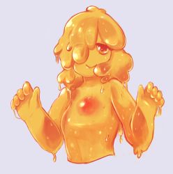 Rule 34 | 1girl, akiosketch, blonde hair, closed mouth, colored skin, commentary, core, cropped torso, english commentary, grey background, hair over one eye, hands up, highres, looking at viewer, monster girl, one eye covered, original, simple background, slime girl, smile, solo, upper body, wet, yellow eyes, yellow skin