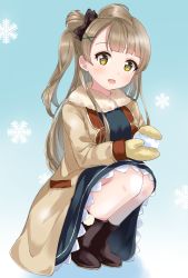 Rule 34 | 1girl, :d, black bow, black footwear, black skirt, blue background, blunt bangs, boots, bow, brown coat, brown hair, coat, fur-trimmed coat, fur trim, hair bow, hair ornament, highres, holding, long hair, long sleeves, looking at viewer, love live!, love live! school idol festival, love live! school idol project, minami kotori, mittens, one side up, open mouth, skirt, smile, snowball, snowflake background, solo, squatting, winter, x hair ornament, yellow eyes, yellow mittens, yoshinon (yoshinon kotori)