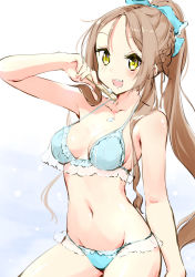 Rule 34 | 1girl, :d, absurdres, atelier (series), bad id, bad pixiv id, bare arms, bikini, blue bikini, blue bow, blush, bow, braid, breasts, brown hair, character request, cleavage, collarbone, floating hair, groin, hair bow, halterneck, highres, long hair, medium breasts, minidraco, navel, open mouth, sidelocks, sketch, smile, solo, string bikini, swimsuit, very long hair, white background, yellow eyes