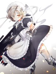Rule 34 | 1girl, absurdres, apron, azur lane, bad id, bad pixiv id, black dress, blonde hair, braid, breasts, bright pupils, buttons, closed mouth, cross, dress, frilled apron, frilled dress, frills, garter straps, hair over one eye, highres, inverted cross, juliet sleeves, long sleeves, maid, maid apron, orange eyes, platinum blonde hair, puffy sleeves, sheffield (azur lane), shiki kayanotani, short hair, small breasts, smoke, solo, thighhighs, turret, underbust, waist apron, white apron, white pupils, white thighhighs, zettai ryouiki