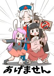 Rule 34 | 4girls, puff of air, ahoge, animal, animal ears, animal on head, black eyes, black hair, black jacket, black legwear, blouse, blunt bangs, bow, bowtie, brown hair, closed eyes, closed mouth, commentary request, cross, d:, emphasis lines, flying sweatdrops, full body, hair ornament, hairclip, hands on another&#039;s shoulders, hat, highres, hime cut, holding, holding sign, houraisan kaguya, inaba tewi, jacket, kneeling, long hair, long skirt, long sleeves, multicolored clothes, multicolored shirt, multicolored skirt, multiple girls, necktie, nurse cap, on head, open mouth, orange skirt, outstretched arms, parted bangs, petticoat, pink hair, pink shirt, rabbit, rabbit ears, red cross, red skirt, reisen udongein inaba, shadow, shirt, sign, skirt, socks, spread arms, standing, sweatdrop, touhou, translation request, turtleneck, v-shaped eyebrows, white background, white bow, white hair, white shirt, wide sleeves, yagokoro eirin, zannen na hito