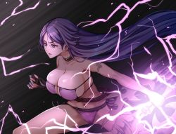Rule 34 | 1girl, armlet, bare shoulders, beads, bikini, black gloves, breasts, choker, cleavage, collarbone, eyepatch bikini, fate/grand order, fate (series), fingerless gloves, gloves, highres, large breasts, lightning, long hair, low-tied long hair, minamoto no raikou (fate), minamoto no raikou (fate/grand order), minamoto no raikou (swimsuit lancer) (fate), parted bangs, purple bikini, purple eyes, purple hair, rope, single glove, swimsuit, thighs, vajra (object), very long hair, youshuu