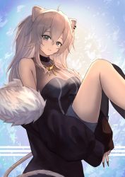 Rule 34 | 1girl, animal ears, bare shoulders, black jacket, black nails, black pantyhose, blue background, breasts, cleavage, feet out of frame, fingernails, fur-trimmed jacket, fur trim, gradient background, grey eyes, highres, hololive, jacket, jewelry, knees up, large breasts, lion ears, lion girl, lion tail, long fingernails, long hair, long sleeves, looking at viewer, nail polish, necklace, open clothes, open jacket, pantyhose, parted lips, ponytail, see-through, see-through cleavage, sharp fingernails, shishiro botan, shishiro botan (1st costume), silver hair, single leg pantyhose, sitting, sleeves past wrists, smile, solo, tail, v, very long hair, virtual youtuber, xyunx