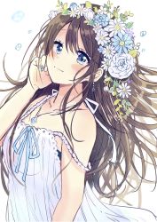 Rule 34 | 1girl, bare arms, bare shoulders, blue eyes, blue flower, blue nails, blue ribbon, blue rose, blush, brown hair, closed mouth, collarbone, commentary request, dress, fingernails, flower, hair between eyes, hair flower, hair ornament, hand up, highres, jewelry, long hair, looking at viewer, multicolored nails, nail polish, original, pendant, ribbon, rose, sakura oriko, simple background, sleeveless, sleeveless dress, smile, solo, strap slip, upper body, very long hair, white background, white dress, white flower, white nails, white rose