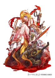 Rule 34 | 1girl, :d, absurdly long hair, blonde hair, blood, blood on face, bloody handprints, bloody weapon, bracer, breasts, circular saw, dmm, dual wielding, full body, handprint, heterochromia, holding, holding weapon, long hair, mataichi mataro, medium breasts, official art, on rock, open mouth, purple eyes, saw, scalpel, scissors, simple background, sitting, smile, syringe, tattoo, very long hair, weapon, white background, white footwear, yellow eyes, yuba no shirushi
