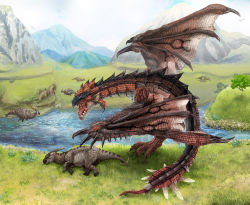 Rule 34 | aptonoth, capcom, dragon, grass, highres, horns, lake, monster, monster hunter (series), mountain, rathalos, single horn, spikes, tail, tree, wings, wyvern