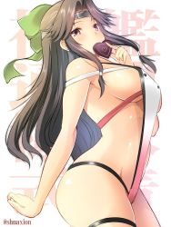 Rule 34 | 10s, 1girl, adapted costume, arched back, blush, bow, breasts, brown eyes, brown hair, candy, chocolate, chocolate heart, cowboy shot, dutch angle, food, from side, green bow, groin, hair bow, headband, heart, heart print, holding, jintsuu (kancolle), jintsuu kai ni (kancolle), kadokawa shoten, kantai collection, large breasts, long hair, looking at viewer, looking to the side, maki (seventh heaven maxion), shiny skin, sideboob, solo, standing, straight hair, text background, thigh strap, thighs, translation request, twitter username, underboob, valentine, very long hair