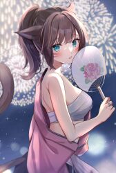 Rule 34 | 1girl, absurdres, animal ears, aqua eyes, breasts, brown hair, cat ears, cat girl, cat tail, chest sarashi, commission, final fantasy, final fantasy xiv, fireworks, hauchiwa, highres, jewelry, long hair, looking at viewer, medium breasts, miqo&#039;te, ponytail, ring, sarashi, skeb commission, suzumori (su2525), tail, warrior of light (ff14)