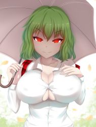 Rule 34 | 1girl, breasts, cleavage cutout, closed mouth, clothing cutout, collared shirt, green hair, hair between eyes, hand on own chest, holding, holding umbrella, kazami yuuka, large breasts, long sleeves, looking at viewer, open mouth, plaid, red eyes, renetan, shirt, short hair, smile, solo, touhou, umbrella, upper body, white shirt, white umbrella
