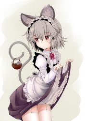 Rule 34 | 1girl, alternate costume, animal, animal ears, apron, basket, blush, bow, bowtie, clothes lift, enmaided, frills, grey hair, highres, ishikkoro, long sleeves, looking away, maid, maid apron, maid headdress, mouse (animal), mouse ears, mouse tail, nazrin, puffy sleeves, red eyes, shirt, short hair, simple background, skirt, skirt lift, solo, tail, thighhighs, touhou, vest, white thighhighs, zettai ryouiki