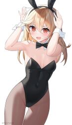 Rule 34 | 1girl, @ @, absurdres, animal ears, arms up, black bow, black bowtie, black pantyhose, blonde hair, blush, bow, bowtie, breasts, collarbone, covered navel, cuff links, detached collar, fake animal ears, fang, girls&#039; frontline, hair between eyes, highres, leotard, long hair, looking at viewer, nagant revolver (girls&#039; frontline), open mouth, pantyhose, playboy bunny, rabbit ears, red eyes, rynzfrancis, simple background, skin fang, small breasts, smile, solo, twitter username, white background