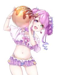 Rule 34 | ball, bikini, bow, earrings, food, green eyes, hair ornament, highres, himemori luna, himemori luna (1st costume), hololive, jewelry, looking at viewer, meru corone, multicolored eyes, pink eyes, pink hair, solo, stomach, swimsuit, thigh gap, virtual youtuber