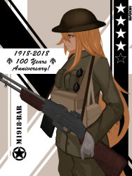 Rule 34 | 1girl, absurdres, automatic rifle, blonde hair, camouflage, character name, closed mouth, english text, feet out of frame, girls&#039; frontline, gloves, green eyes, gun, hat, highres, holding, holding weapon, light machine gun, long hair, looking away, m1918 (girls&#039; frontline), m1918 bar, machine gun, military, military hat, military uniform, rifle, salty eyes, simple background, solo, squad automatic weapon, standing, uniform, weapon, white gloves