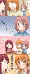 Rule 34 | ..., 3girls, 4koma, :o, :|, ?, ahoge, arm grab, bad id, bad twitter id, blue eyes, blue shirt, blurry, blurry foreground, blush, book, brown hair, closed mouth, comic, commentary request, flying sweatdrops, hair ornament, hairclip, highres, jealous, long hair, love live!, love live! sunshine!!, minori 748, multiple girls, no eyes, open book, orange hair, pointing, red eyes, red hair, red shirt, sakurauchi riko, shirt, spoken ellipsis, spoken question mark, squiggle, sweatdrop, table, takami chika, translation request, watanabe you, yellow eyes, yellow shirt, yuri