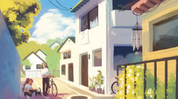 Rule 34 | 2boys, bicycle, black cat, black pants, blue sky, building, cae (tarigenticae), cat, closed eyes, cloud, cloudy sky, collared shirt, day, fengxi (the legend of luoxiaohei), grey hair, headpat, leaf, long hair, luo xiaohei zhanji, manhole cover, multiple boys, pants, plant, ponytail, purple hair, shadow, shirt, short sleeves, sky, smile, tree, very long hair, white shirt, wide shot, wind chime, window, wuxian (the legend of luoxiaohei)