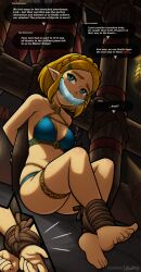 Rule 34 | 1girl, absurdres, bare shoulders, barefoot, bdsm, blonde hair, blue eyes, bondage, bound, bound ankles, bound wrists, bra, breasts, cleavage, cloth gag, collarbone, gag, gagged, hair ornament, hairclip, highres, improvised gag, kidnapped, legs, magnolia-baillon, nintendo, panties, princess zelda, sweat, the legend of zelda, the legend of zelda: tears of the kingdom, thighs, underwear