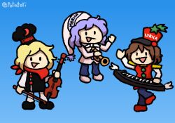 Rule 34 | 3girls, :d, artist name, band uniform, black eyes, black footwear, blonde hair, blue hair, bow (music), brown hair, buttons, character name, chef hat, chibi, commission, cosplay, crackle (rice krispies), crackle (rice krispies) (cosplay), crescent, crossover, full body, hat, highres, holding, holding instrument, instrument, kellogg&#039;s, keyboard (instrument), blue background, light blue hair, lunasa prismriver, lyrica prismriver, merlin prismriver, multiple girls, necktie, nightcap, no eyebrows, no nose, open mouth, parody, pink footwear, pop (rice krispies), pop (rice krispies) (cosplay), potatoyi, red footwear, red necktie, rice krispies, scarf, shoes, shooting star, short hair, simple background, smile, snap (rice krispies), snap (rice krispies) (cosplay), star (symbol), touhou, trumpet, twitter username, uniform, violin, wide sleeves, wings