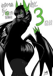 Rule 34 | 1girl, :3, :d, ass, commentary request, cowboy shot, dated, demon girl, demon horns, demon tail, demon wings, dress, floating hair, formal, green eyes, greyscale, highres, horns, long hair, looking at viewer, looking back, low wings, merii (mazohaha), monochrome, musuko ga kawaikute shikatanai mazoku no hahaoya, open mouth, pantyhose, pencil skirt, pointy ears, ringed eyes, signature, simple background, skirt, skirt suit, smile, solo, spot color, standing, suit, sweater, sweater dress, tail, white background, wings, zyugoya
