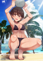 Rule 34 | 1girl, armpits, arms up, ball, barefoot, beach, beachball, bikini, black bikini, blush, breasts, brown eyes, brown hair, feet, female focus, full body, girls und panzer, highres, holding, holding ball, isobe noriko, looking at viewer, megadeko, navel, ocean, open mouth, outdoors, short hair, sky, small breasts, smile, solo, squatting, swimsuit, toes, volleyball (object), water