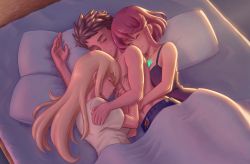 Rule 34 | 1boy, 2girls, bed, black tank top, blonde hair, blush, breasts, brown hair, cuddling, dress, dual persona, closed eyes, ffm threesome, from above, gem, girl sandwich, group sex, hair ornament, headpiece, hetero, highres, jewelry, long hair, multiple girls, mythra (xenoblade), navel, nintendo, parmesan, pillow, pimp, pyra (xenoblade), red hair, rex (xenoblade), sandwiched, shirt, short hair, sleeping, sundress, tank top, threesome, tiara, topless male, under covers, very long hair, white shirt, xenoblade chronicles (series), xenoblade chronicles 2, yellow eyes