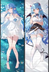 Rule 34 | 1girl, ahoge, arm under breasts, bare arms, barefoot, belt, blue bow, blue bowtie, blue hair, blue nails, blush, bow, bowtie, braid, breasts, brown belt, cleavage, cleavage cutout, clothing cutout, colored tips, corset, dakimakura (medium), demon horns, demon tail, demon wings, dress, elf, finger to mouth, flower, frilled skirt, frilled thighhighs, frills, full body, hair between eyes, hair flower, hair ornament, half updo, heart, heart ahoge, heiyan shenshi, highres, hololive, horns, large breasts, long hair, looking at viewer, lying, multicolored hair, multiple views, nail polish, no shoes, on back, parted lips, pointy ears, print skirt, shirt, skirt, sleeveless, sleeveless shirt, snowflake print, streaked hair, tail, tail around own leg, thighhighs, very long hair, virtual youtuber, watermark, white dress, white flower, white shirt, white thighhighs, wings, yellow eyes, yukihana lamy