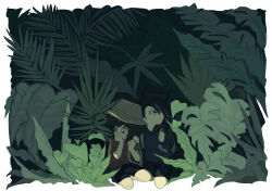 Rule 34 | 2boys, black hair, black shorts, black sweater, brown bag, brown hair, bucket hat, child, commentary, covering own mouth, hand on another&#039;s shoulder, hat, highres, hood, hooded sweater, jungle, kd (jichaman1), kneeling, leaf, looking to the side, looking up, male focus, manjoume jun, multiple boys, nature, plant, red shirt, scared, shirt, shorts, sweater, yu-gi-oh!, yu-gi-oh! gx, yuuki juudai