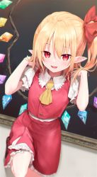 Rule 34 | 1girl, absurdres, ascot, blonde hair, commentary request, flandre scarlet, hands up, highres, looking at viewer, medium hair, necktie, nnyara, open mouth, pointy ears, red eyes, short sleeves, side ponytail, solo, standing, teeth, touhou, upper teeth only, yellow ascot