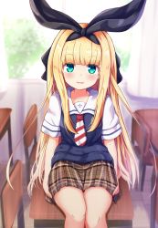 Rule 34 | 1girl, baram, black ribbon, blonde hair, blue eyes, blurry, blurry background, blush, brown skirt, chair, collared shirt, commentary request, depth of field, desk, diagonal-striped clothes, diagonal-striped neckerchief, diagonal-striped neckwear, green eyes, hair ribbon, highres, indoors, long hair, looking at viewer, mononobe alice, multicolored eyes, neckerchief, nijisanji, on desk, parted lips, plaid, plaid skirt, pleated skirt, ribbon, school chair, school desk, school uniform, shirt, short sleeves, sitting, skirt, smile, solo, striped clothes, striped neckerchief, striped neckwear, sweater vest, two-tone neckerchief, very long hair, virtual youtuber, white shirt