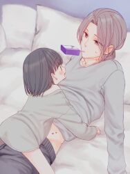 Rule 34 | 1boy, 1girl, age difference, black hair, blush, couple, girl on top, grey eyes, grey hair, hetero, highres, juice box, looking at another, lying, mouth hold, on back, open mouth, original, pillow, short hair, straddling, sweatdrop, sweater, waramugu
