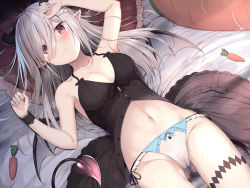 Rule 34 | 1girl, animal print, arm up, armpits, bangs, bare shoulders, bat wings, bed sheet, black bow, black dress, black horns, black ribbon, blush, bow, breasts, brown eyes, bunny hair ornament, bunny print, buttons, cameltoe, carrot, cleavage, closed mouth, collarbone, demon girl, demon horns, demon tail, demon wings, dress, eyebrows visible through hair, frilled panties, frilled pillow, frills, from above, groin, hair between eyes, hair ornament, halter top, halterneck, hand up, hear pillow, highres, horns, long hair, looking at viewer, lowleg, lowleg panties, lying, medium breasts, midriff, navel, non-web source, on back, on bed, original, panties, pillow, pointy ears, purple eyes, pussy juice, pussy juice drip through clothes, pussy juice puddle, pussy juice stain, pussy juice trail, ribbon, shiny, shiny skin, showgirl skirt, sidelocks, silver hair, solo, stomach, string panties, sweat, tail, tomoo (tomo), underwear, wet, wet clothes, wet panties, wet pantyhose, white panties, wings, wrist cuffs
