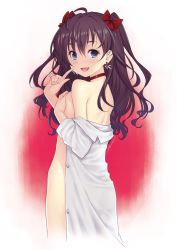 Rule 34 | 1girl, :3, ahoge, blue eyes, blush, bow, brown hair, clothes down, collar, commentary request, covering privates, covering one breast, cropped legs, earrings, finger to cheek, from behind, hair bow, ichinose shiki, idolmaster, idolmaster cinderella girls, jewelry, kazuma muramasa, lab coat, lab coat, long hair, looking at viewer, looking back, naked labcoat, open mouth, red bow, red collar, smile, solo, two-tone background, wavy hair