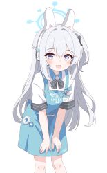 Rule 34 | 1girl, absurdres, animal ears, apron, black bow, black bowtie, blue apron, blue archive, blue halo, blush, bow, bowtie, braid, clothes writing, collared shirt, cosplay, earpiece, fake animal ears, feet out of frame, grey hair, hair between eyes, halo, highres, leaning forward, long hair, looking at viewer, miyako (blue archive), official alternate costume, one side up, open mouth, polo shirt, purple eyes, rabbit ears, shirt, short sleeves, simple background, smile, solo, sora (blue archive), sora (blue archive) (cosplay), white background, white shirt, yukisiannn