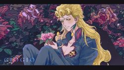 Rule 34 | 1boy, akatsuki yumemi, blonde hair, bug, ear piercing, earrings, flower, formal, giorno giovanna, highres, insect, jewelry, jojo no kimyou na bouken, ladybug, long hair, open mouth, piercing, pink flower, pink rose, rose, smile, solo, suit, tulip, vento aureo, yellow eyes
