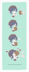 Rule 34 | !, ..., 1boy, 1other, :d, alcohol, androgynous, beer mug, beret, black hair, blue background, blue hair, blush, braid, chibi, closed eyes, collared shirt, commentary, cup, drinking, english commentary, english text, genshin impact, gradient hair, green eyes, hat, heart, highres, holding, holding cup, long sleeves, male focus, mug, multicolored hair, notice lines, open mouth, shirt, short hair with long locks, smile, speech bubble, spoken exclamation mark, sweat, sweatdrop, symbol-only commentary, tongue, tongue out, twin braids, venti (genshin impact), white background, white shirt, wine, yue yue1102