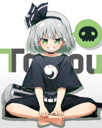 Rule 34 | 1girl, alternate costume, text background, barefoot, belt, choker, collarbone, commentary, contemporary, copyright name, covered navel, crop top, full body, gradient background, green eyes, grin, hairband, highres, katana, konpaku youmu, looking at viewer, shirt, short hair, short sleeves, silver hair, sitting, skull, smile, solo, soratoa, spoken skull, sword, t-shirt, touhou, weapon, wide sleeves