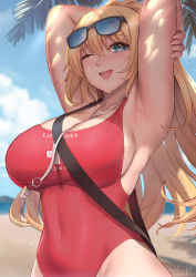 Rule 34 | 1girl, armpits, atago (kancolle), beach, blonde hair, blue eyes, blue sky, blush, breasts, cloud, covered navel, day, highres, kakeku, kantai collection, large breasts, lifeguard, long hair, looking at viewer, one-piece swimsuit, open mouth, outdoors, red one-piece swimsuit, sky, smile, solo, swimsuit, wet, whistle, whistle around neck