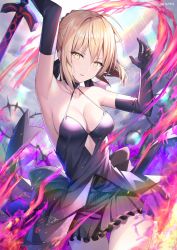 Rule 34 | 1girl, ahoge, arm up, armpits, artoria pendragon (all), artoria pendragon (fate), aura, bad id, bad pixiv id, bare shoulders, blonde hair, blurry, breasts, cleavage, collarbone, cowboy shot, depth of field, dress, elbow gloves, excalibur morgan (fate), fate/grand order, fate/stay night, fate (series), gloves, hair ribbon, halter dress, halterneck, hand up, highres, holding, holding sword, holding weapon, long hair, looking at viewer, magic, medium breasts, outdoors, parted lips, ribbon, rin yuu, saber alter, serious, sidelocks, solo, standing, sword, twitter username, v-shaped eyebrows, weapon, yellow eyes