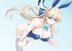Rule 34 | 1girl, absurdres, animal ears, bare shoulders, blonde hair, blue archive, blue eyes, blue leotard, blush, breasts, cleavage, detached collar, earpiece, fake animal ears, fake tail, hair ribbon, highleg, highleg leotard, highres, large breasts, leotard, long hair, looking at viewer, official alternate costume, playboy bunny, rabbit ears, rabbit tail, ribbon, solo, strapless, strapless leotard, tail, toki (blue archive), toki (bunny) (blue archive), torahime (roland00), v, very long hair, wrist cuffs