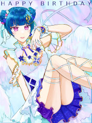 Rule 34 | 1girl, alternate hairstyle, angel of eden (love live!), angel wings, artist name, artist request, back bow, bare legs, bare shoulders, blue bow, blue flower, blue hair, blue skirt, blue wrist cuffs, blush, bow, braid, breasts, cleavage, collarbone, crown braid, crystal hair ornament, double bun, dress, earrings, female focus, flower, frilled dress, frills, hair bun, hair flower, hair ornament, hair ribbon, highres, jewelry, knees up, legs up, looking at viewer, love live!, love live! school idol festival, love live! school idol festival all stars, love live! sunshine!!, miniskirt, parted lips, pink eyes, pink flower, plaid, plaid dress, plaid skirt, pleated, pleated dress, pleated skirt, purple eyes, ribbon, ribbon-trimmed legwear, ribbon trim, short hair, short sleeves, skirt, sleeveless, sleeveless dress, small breasts, smile, solo, strapless, strapless dress, striped, striped bow, tsushima yoshiko, white detached collar, white dress, white flower, white ribbon, white skirt, white wings, white wrist cuffs, wings, wrist cuffs