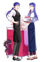 Rule 34 | 2boys, apron, blue hair, cake, closed mouth, cu chulainn (caster) (fate), cu chulainn (fate), cu chulainn (fate) (all), cu chulainn (fate/stay night), cu chulainn alter (fate), cu chulainn alter (fate/grand order), earrings, fate/grand order, fate (series), food, fruit, full body, hand on own hip, hiding, highres, jewelry, lancer, long hair, looking at viewer, mikkat, mont blanc (food), multiple boys, open mouth, pants, parfait, pinstripe pants, pinstripe pattern, pinstripe vest, ponytail, red eyes, ring, serving cart, shoes, simple background, smile, spikes, standing, strawberry, striped, tail, tiered tray, transparent background, vest, waiter, white background