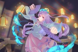 Rule 34 | 1girl, arms up, blue shirt, blue sleeves, breasts, buttons, circle, closed mouth, cross, hair between eyes, hand fan, hands up, hata no kokoro, highres, lamp, long hair, long sleeves, looking at viewer, mask, medium breasts, night, night sky, pink eyes, pink skirt, purple hair, shirt, skirt, sky, solo, star (symbol), touhou, triangle, wankosoba, wide sleeves