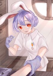 Rule 34 | 1girl, 1other, aires2004630ef, alternate costume, animal ears, breast pocket, bright pupils, carrot pin, collared shirt, commentary request, cotton ball, gloves, hair bun, highres, indoors, latex, latex gloves, looking at viewer, lower teeth only, nurse, open mouth, orange eyes, pants, pen in pocket, pocket, pov, purple gloves, purple hair, rabbit ears, rabbit girl, reisen udongein inaba, round window, shirt, short hair, short sleeves, single hair bun, smile, solo focus, syringe, teeth, touhou, upper body, white pants, white pupils, white shirt, window