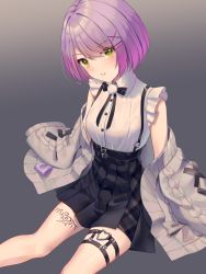 Rule 34 | 1girl, black bow, black bowtie, black skirt, blush, bow, bowtie, cardigan, collared shirt, commentary, dress shirt, eyes visible through hair, green eyes, grey cardigan, hair ornament, hairclip, high-waist skirt, highres, hololive, leg tattoo, long sleeves, looking at viewer, o-ring, o-ring thigh strap, off shoulder, official alternate costume, open cardigan, open clothes, parted lips, pleated skirt, purple eyes, shands, shirt, short hair, sitting, skirt, sleeveless, sleeveless shirt, sleeves past fingers, sleeves past wrists, solo, suspender skirt, suspenders, tattoo, thigh strap, tokoyami towa, virtual youtuber, white shirt, x hair ornament