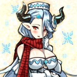 Rule 34 | 1girl, blue hair, blush, breasts, cleavage, draph, granblue fantasy, hat, horns, izmir, large breasts, long hair, mole, mole under mouth, nyama (12060517), pointy ears, red eyes, scarf, snowflakes, solo