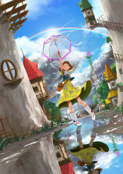 Rule 34 | 1girl, arm up, bag, blue eyes, blue sky, boots, bow, brown hair, building, closed mouth, cloud, cloudy sky, commentary request, day, dress, floral print, full body, grass, hair bow, highres, holding, holding umbrella, knee boots, leg up, legs apart, original, outdoors, pebble, puddle, rainbow, reflection, ripples, rooftop, rubber boots, short hair, short sleeves, shoulder bag, sky, smile, solo, somehira katsu, stairs, standing, standing on one leg, stone, transparent, transparent umbrella, tree, umbrella, water, white bow, white footwear, window, yellow dress